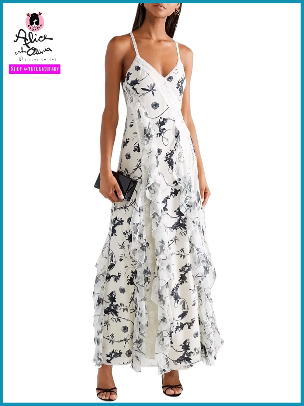 Alice + Olivia Jayda Cascading Black White Floral Gown Dress